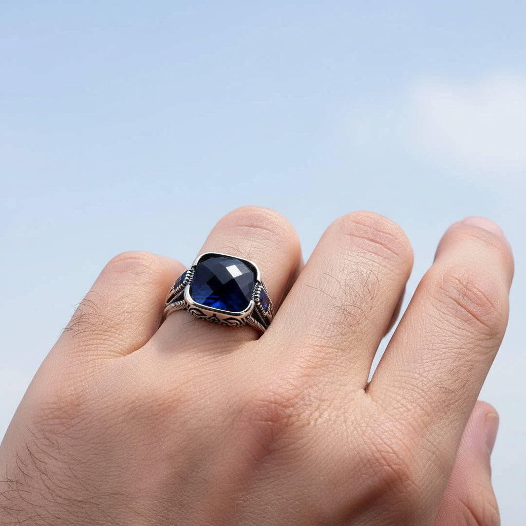 925 Silver Men's Ring with Blue Stone