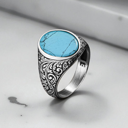 Zilveren Herenring met Ovale Turquoise Steen – Handgemaakt Design