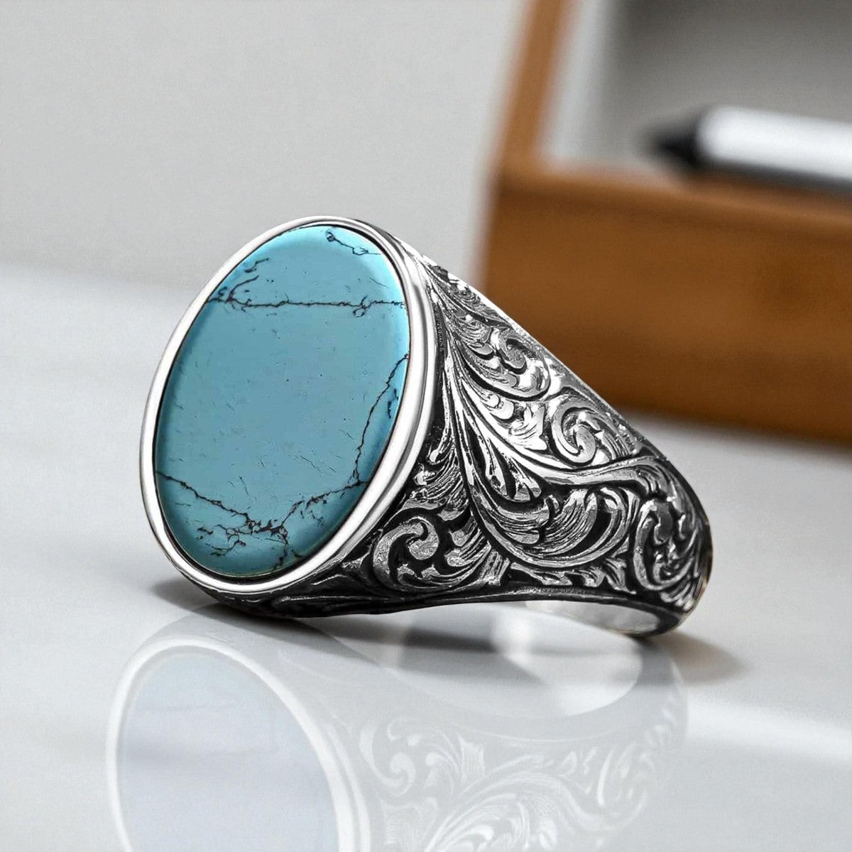Zilveren Herenring met Ovale Turquoise Steen – Handgemaakt Design