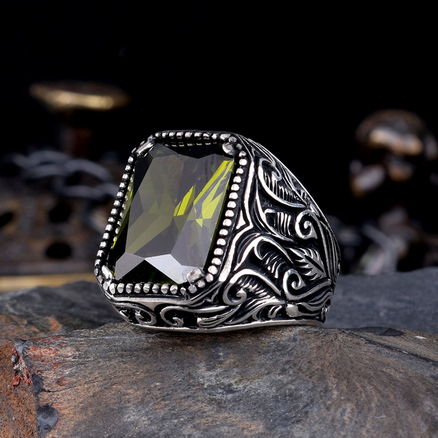 925 Sterling Zilveren Herenring met Khaki Zirkoon Steen