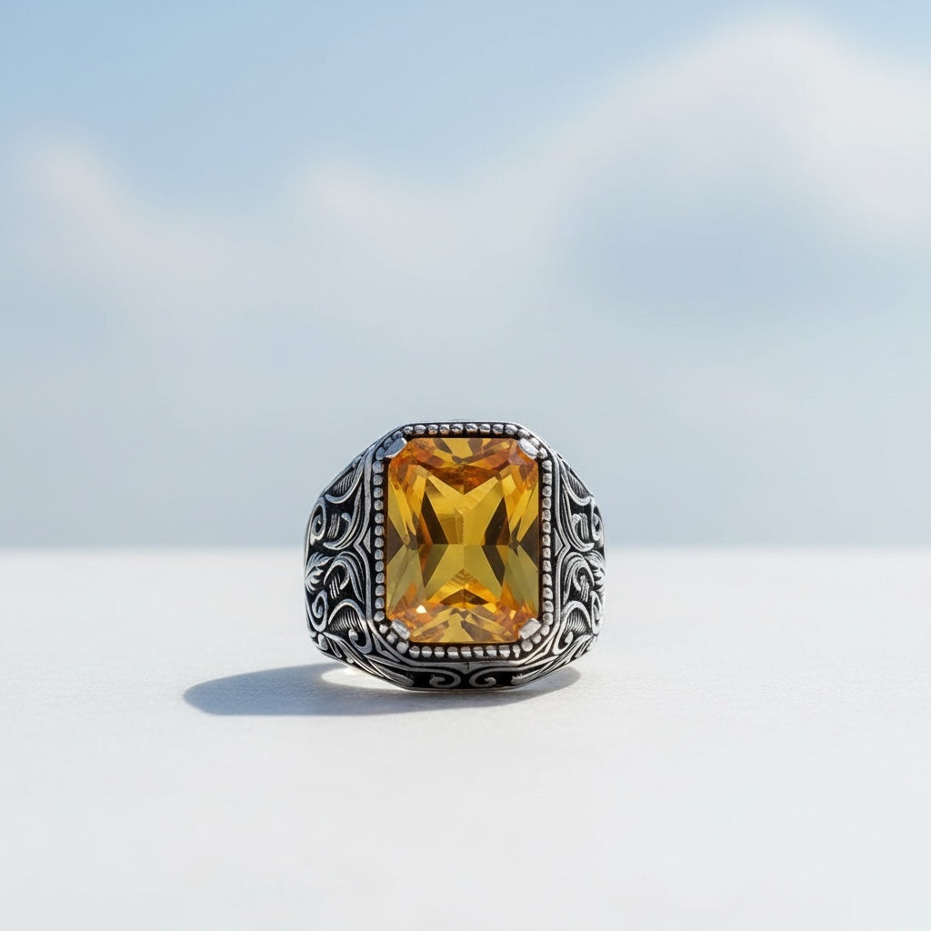 925 Sterling Zilveren Herenring met Gele Zirkoon Steen