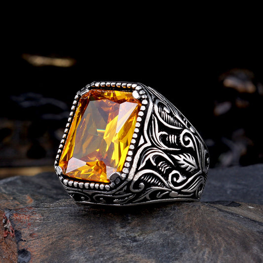 925 Sterling Zilveren Herenring met Gele Zirkoon Steen