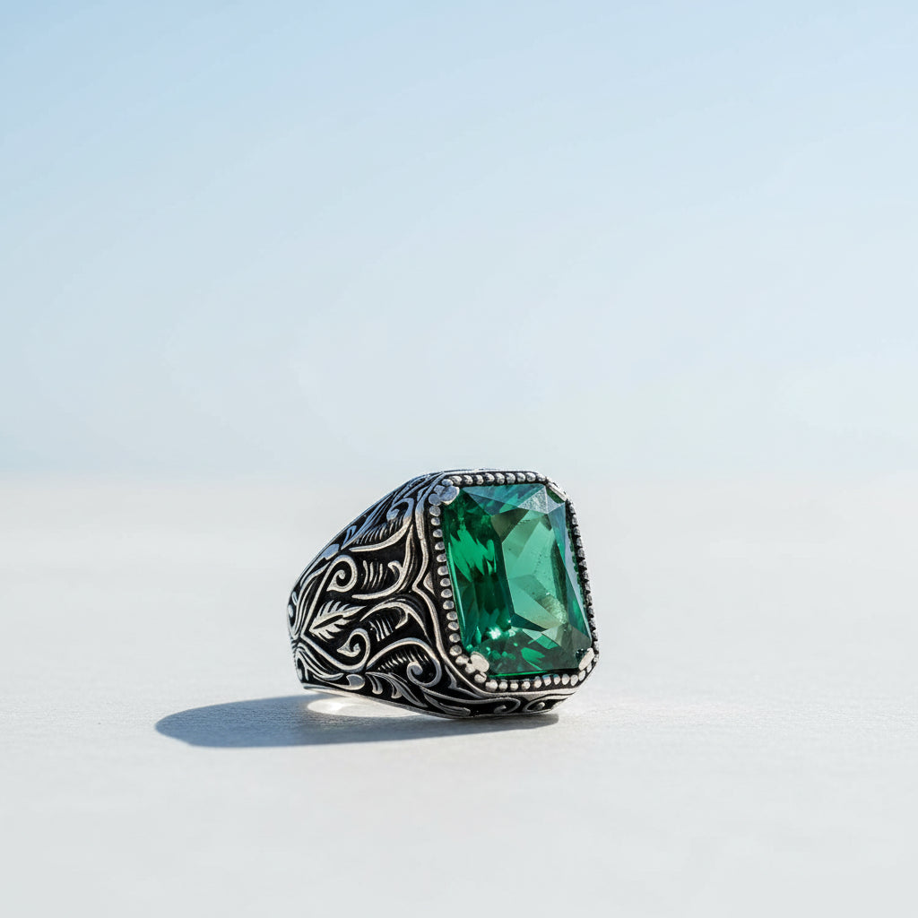 925 Sterling Zilveren Herenring met Groene Zirkoon Steen