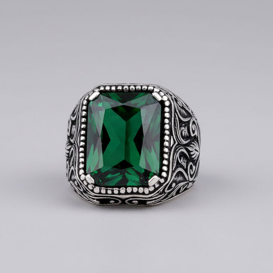 925 Sterling Zilveren Herenring met Groene Zirkoon Steen