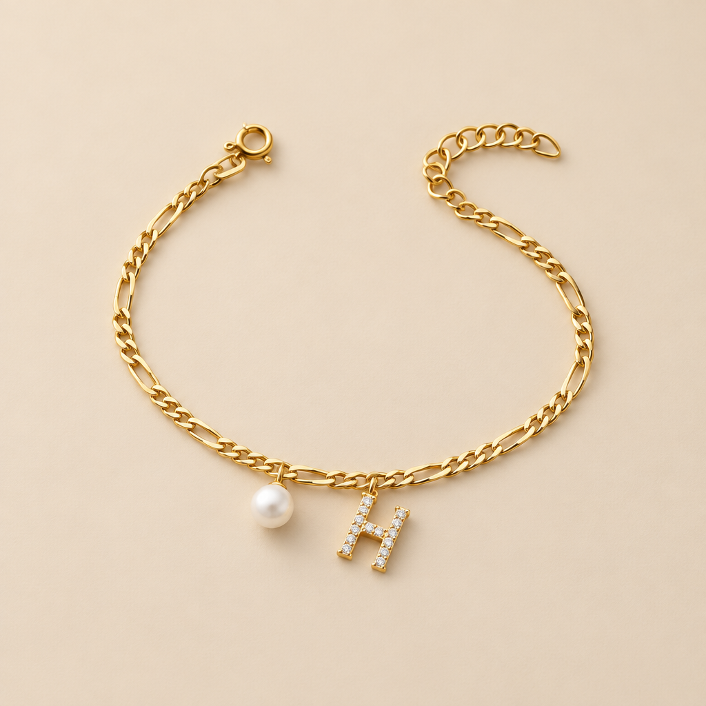 Figaro Armband met Letter & Parel | 925 Zilver