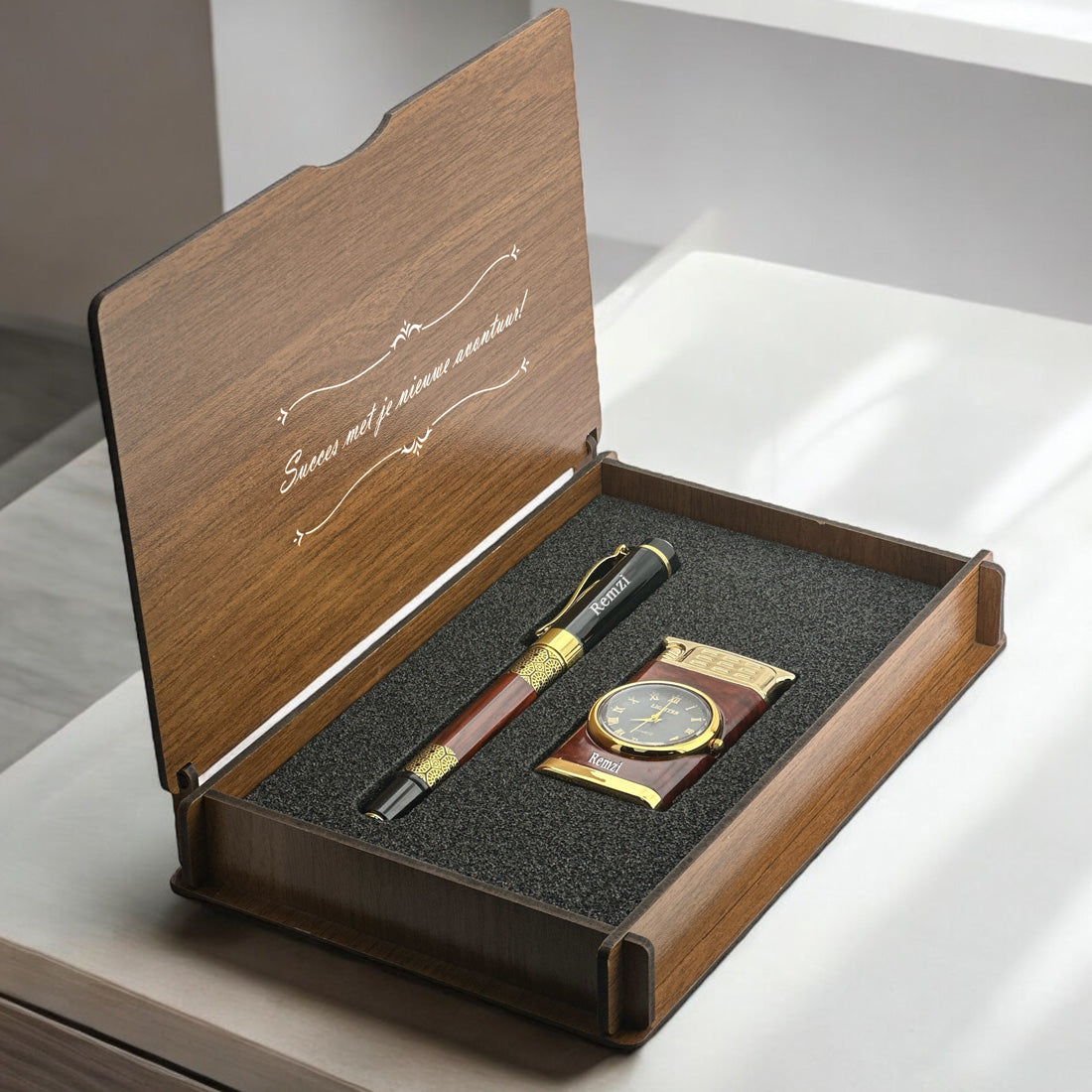 Personally Engraved Lighter with Watch and Rollerball Pen Gift Set - In Wooden Box