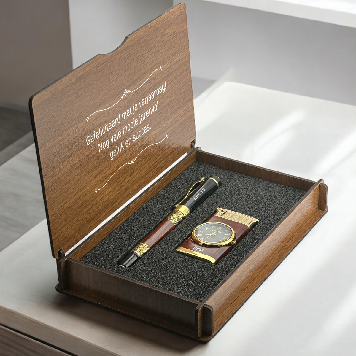 Personally Engraved Lighter with Watch and Rollerball Pen Gift Set - In Wooden Box