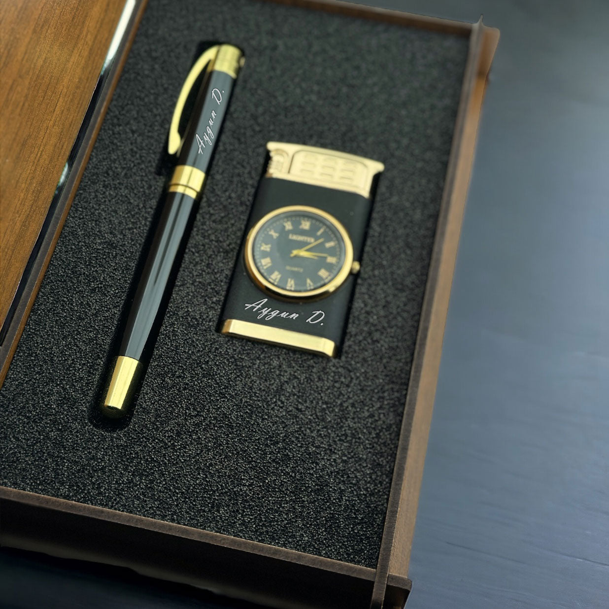 Personally Engraved Lighter with Watch and Rollerball Pen Gift Set - In Wooden Box