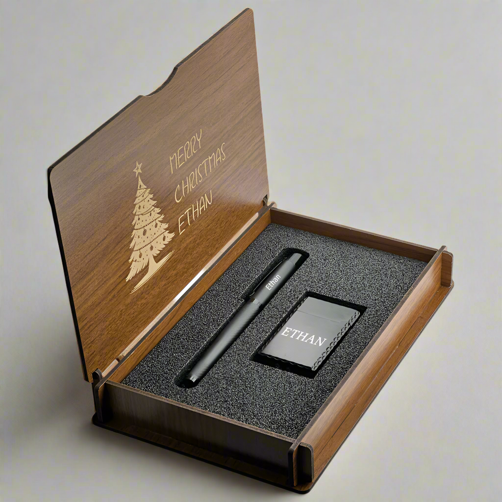 Christmas Gift - Personally Engraved Lighter with Rollerball Pen Gift Set - In Wooden Box