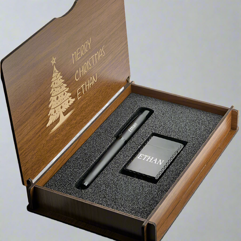 Christmas Gift - Personally Engraved Lighter with Rollerball Pen Gift Set - In Wooden Box