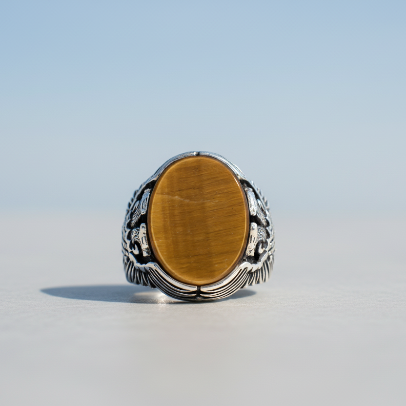 Tiger Eye Stone Double Headed Eagle Sterling Silver Ring BLK004
