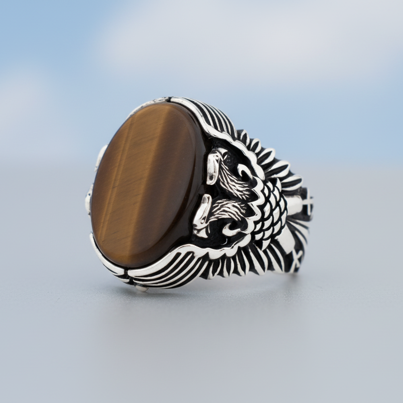 Tiger Eye Stone Double Headed Eagle Sterling Silver Ring BLK004