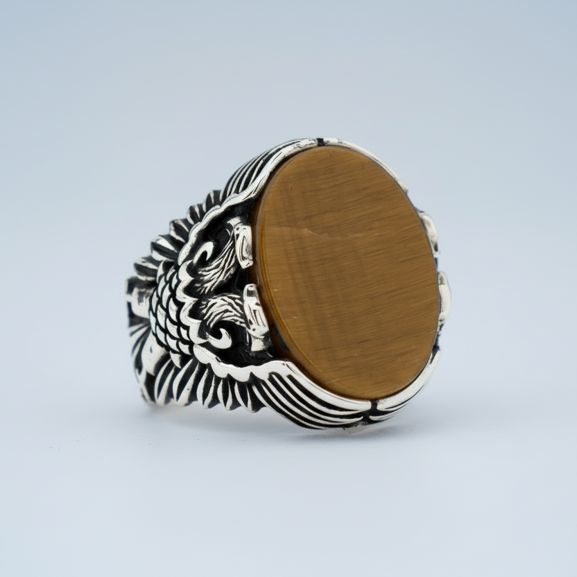 Tiger Eye Stone Double Headed Eagle Sterling Silver Ring BLK004
