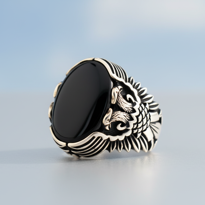 Double Headed Onyx Stone Silver Ring BLK009
