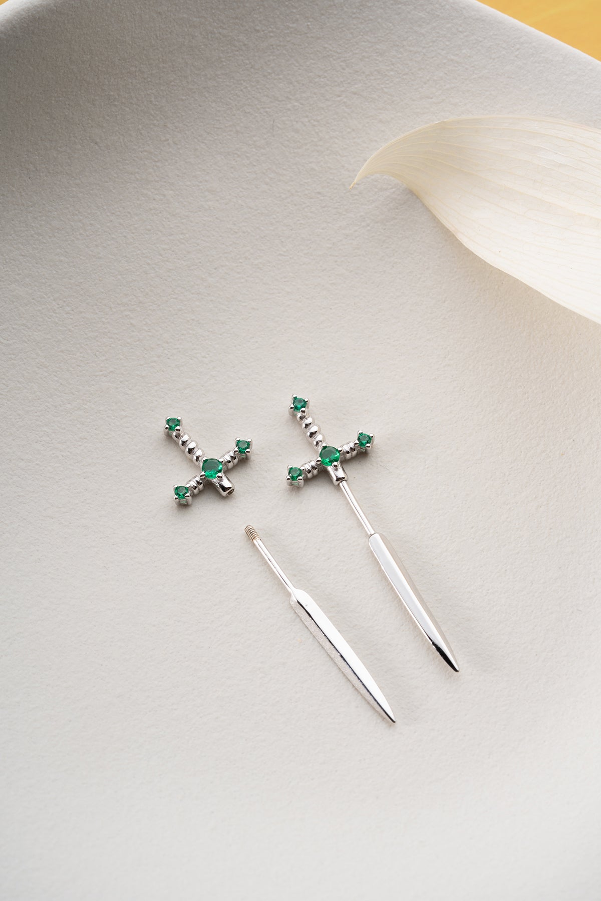 Green stone sword earring - minimalist design