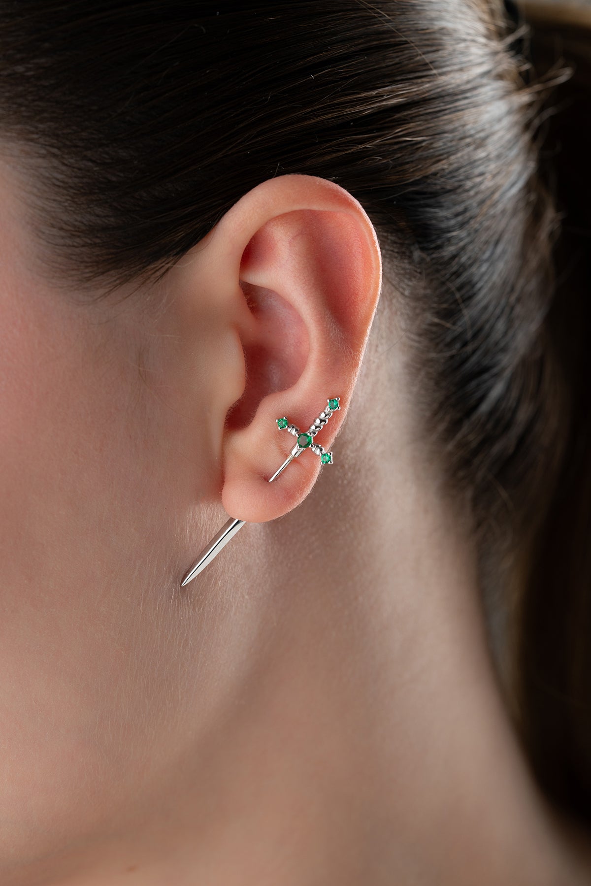 Green stone sword earring - minimalist design