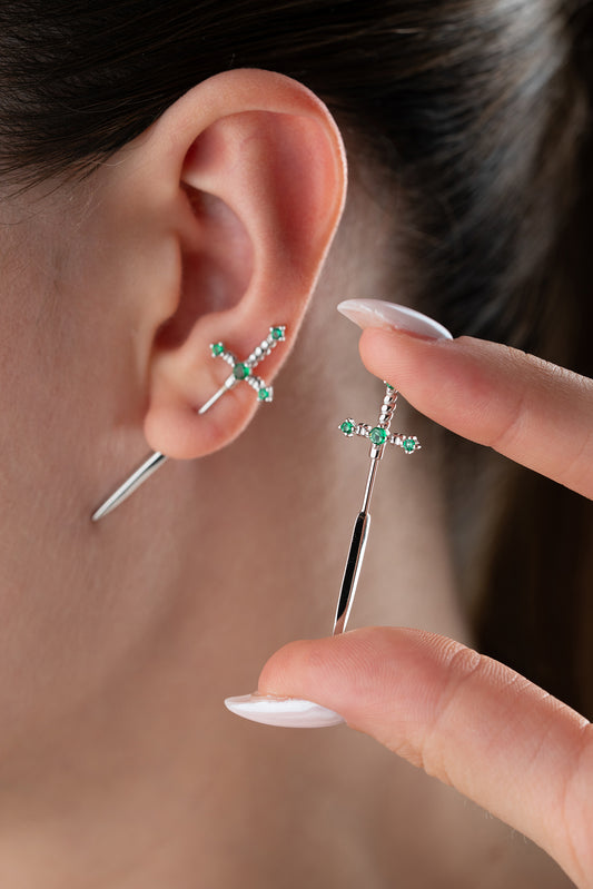 Green stone sword earring - minimalist design