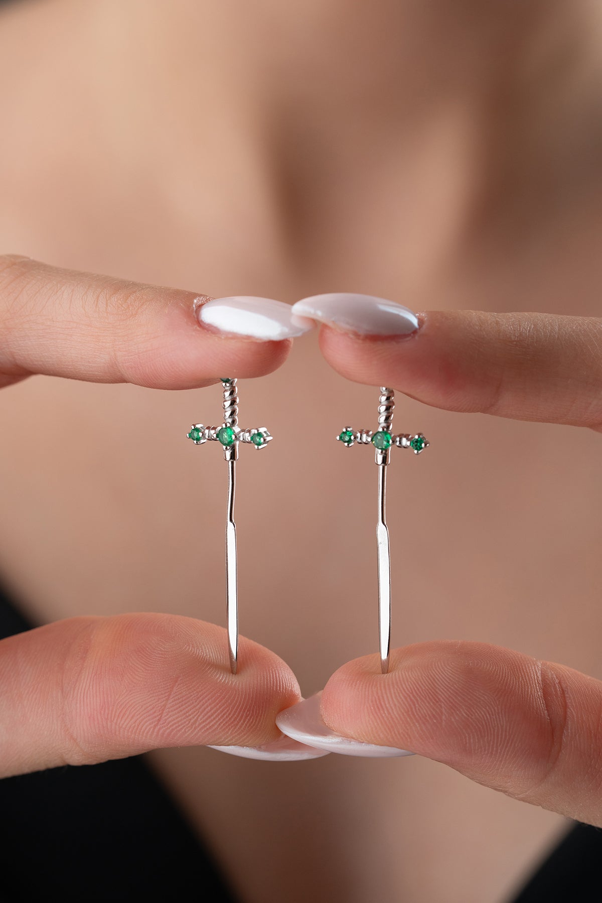 Green stone sword earring - minimalist design