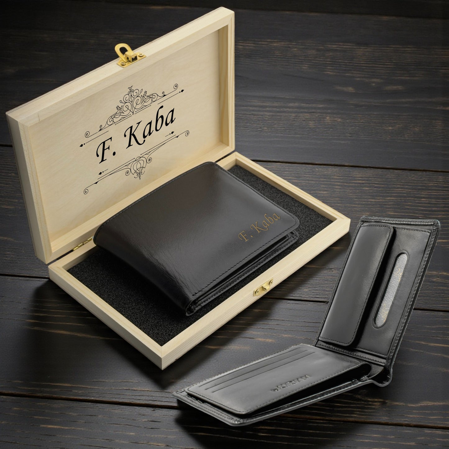 Black Leather Wallet with Name & Personal Text in Wooden Box