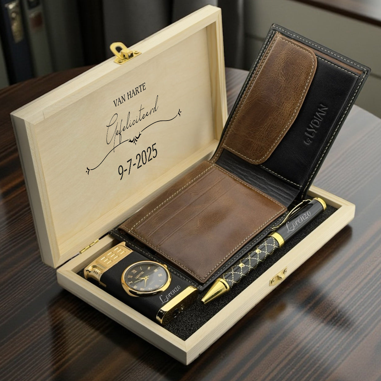 Gepersonaliseerde Mannen Cadeauset – Portemonnee, Pen & Aansteker