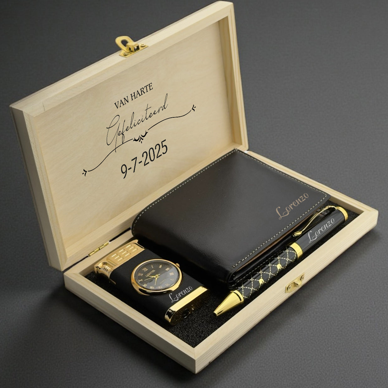 Gepersonaliseerde Mannen Cadeauset – Portemonnee, Pen & Aansteker