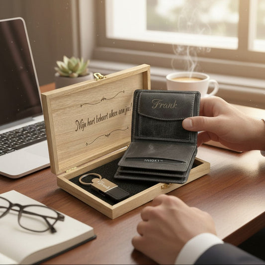 Personalized Gift Set - Gray Wallet - Keychain - Gift Set