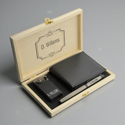 Personalisiertes Geschenkset für Herren – Geldbörse, Stift & Feuerzeug