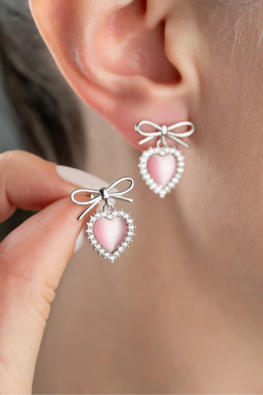 925 Sterling Zilveren Oorbellen met Strik en Roze Hart