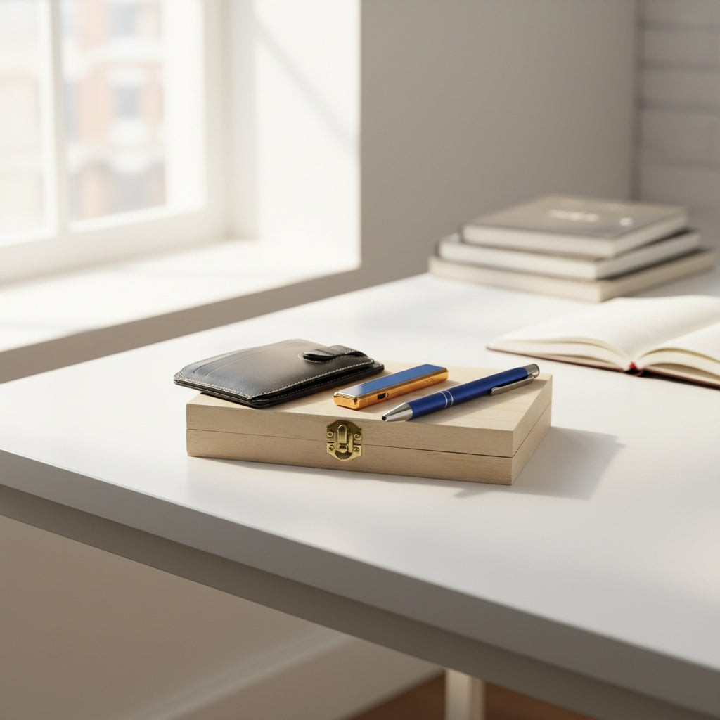 Personalized Leather Card Holder, USB Lighter & Blue Pen Gift Set