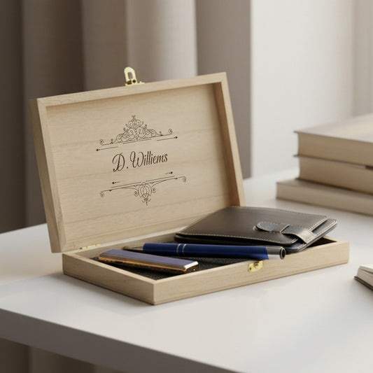 Gepersonaliseerde Leren Kaartenhouder, USB Aansteker & Blauwe Pen Cadeauset