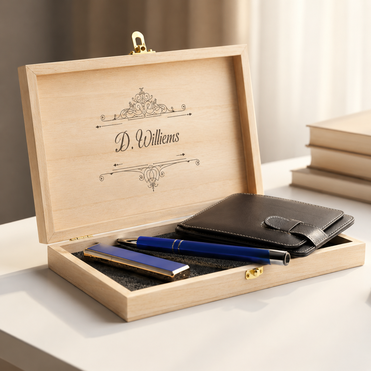 Gepersonaliseerde Leren Kaartenhouder, USB Aansteker & Blauwe Pen Cadeauset