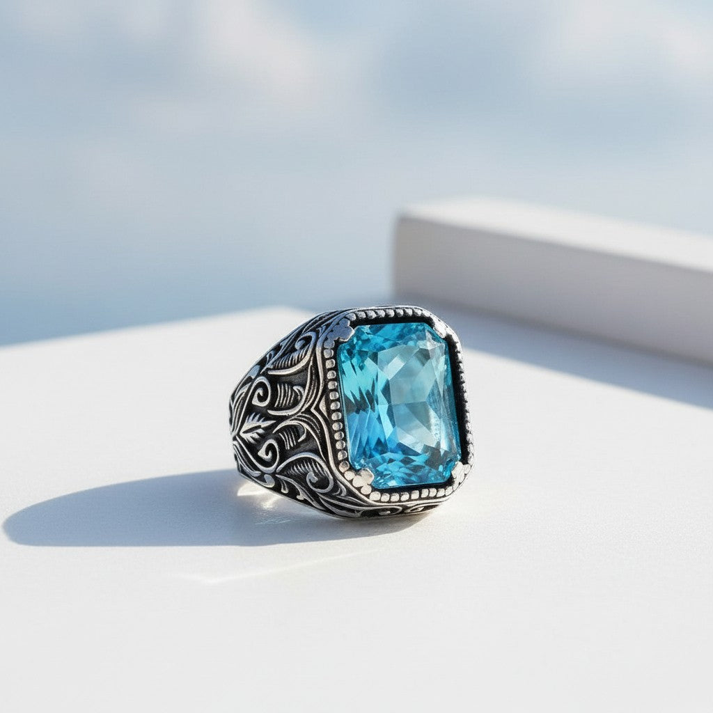 Zilveren heren ring met blauwe steen