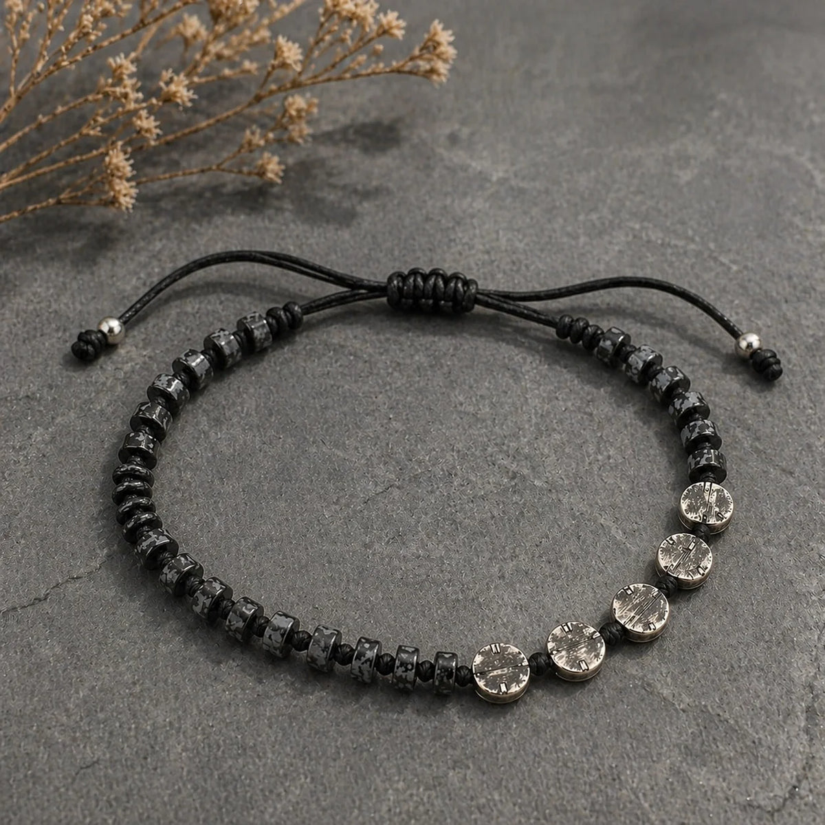 Sneeuwvlok Obsidiaan Macramé Herenarmband | 925 Zilver