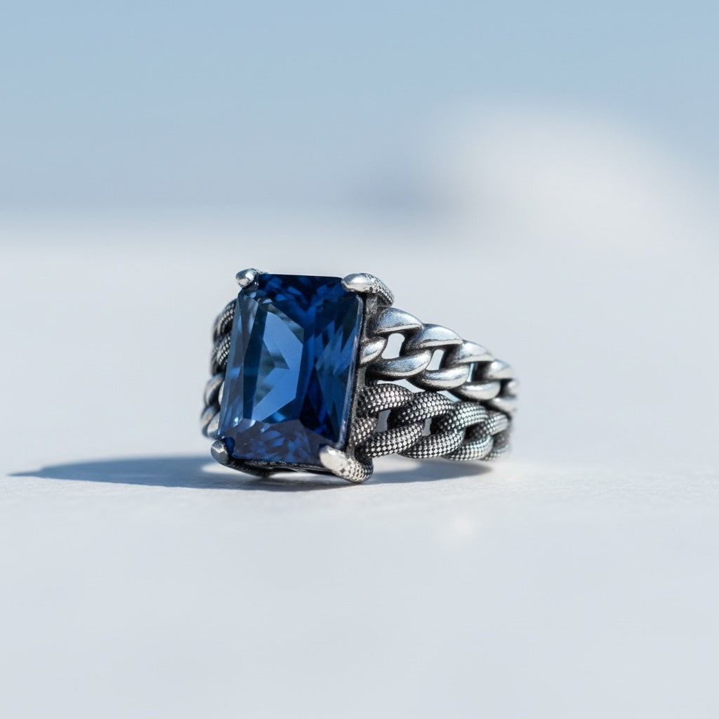 Zilveren heren ring met blauwe steen