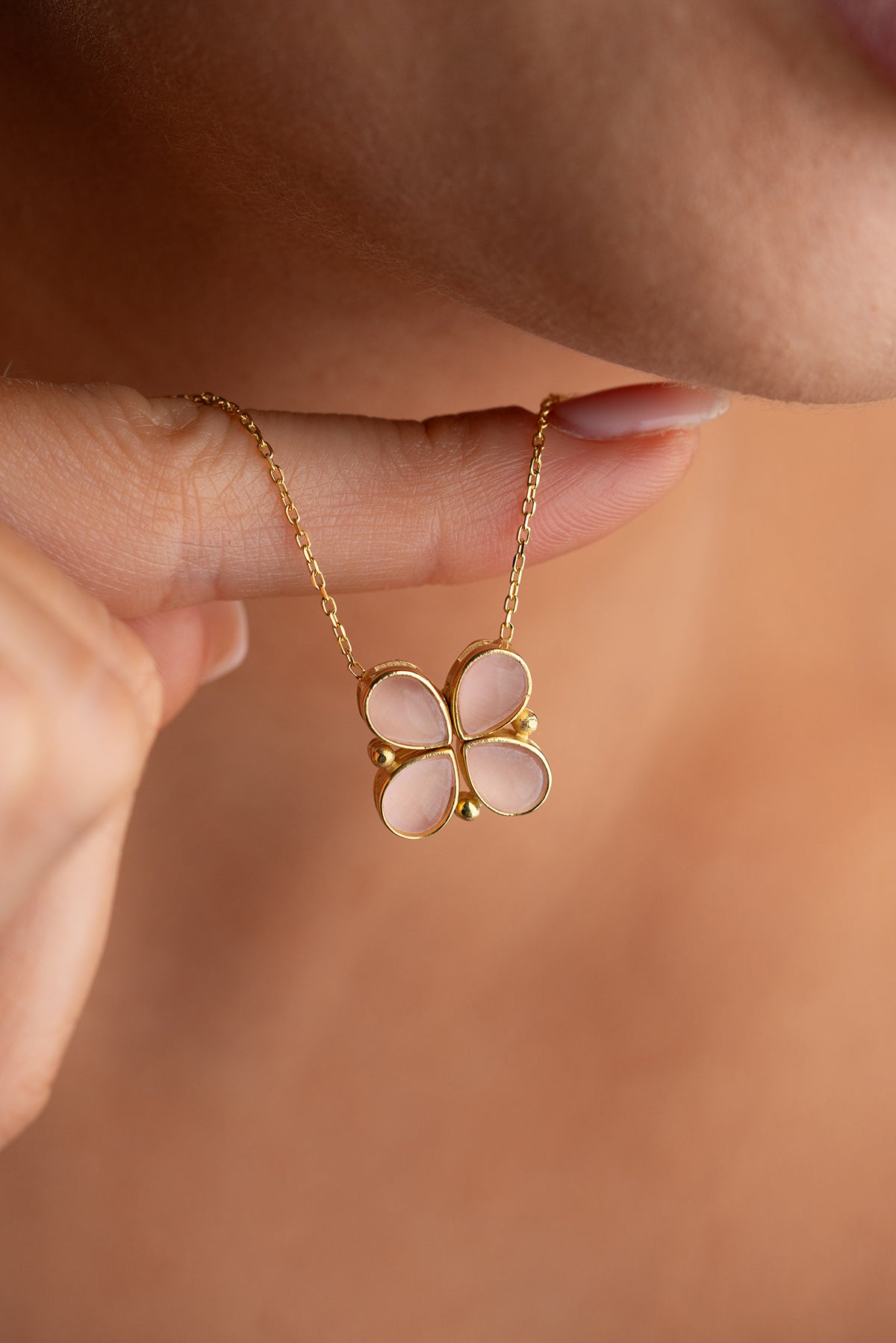 Klaver Ketting met Roze Stenen | 925 Zilver