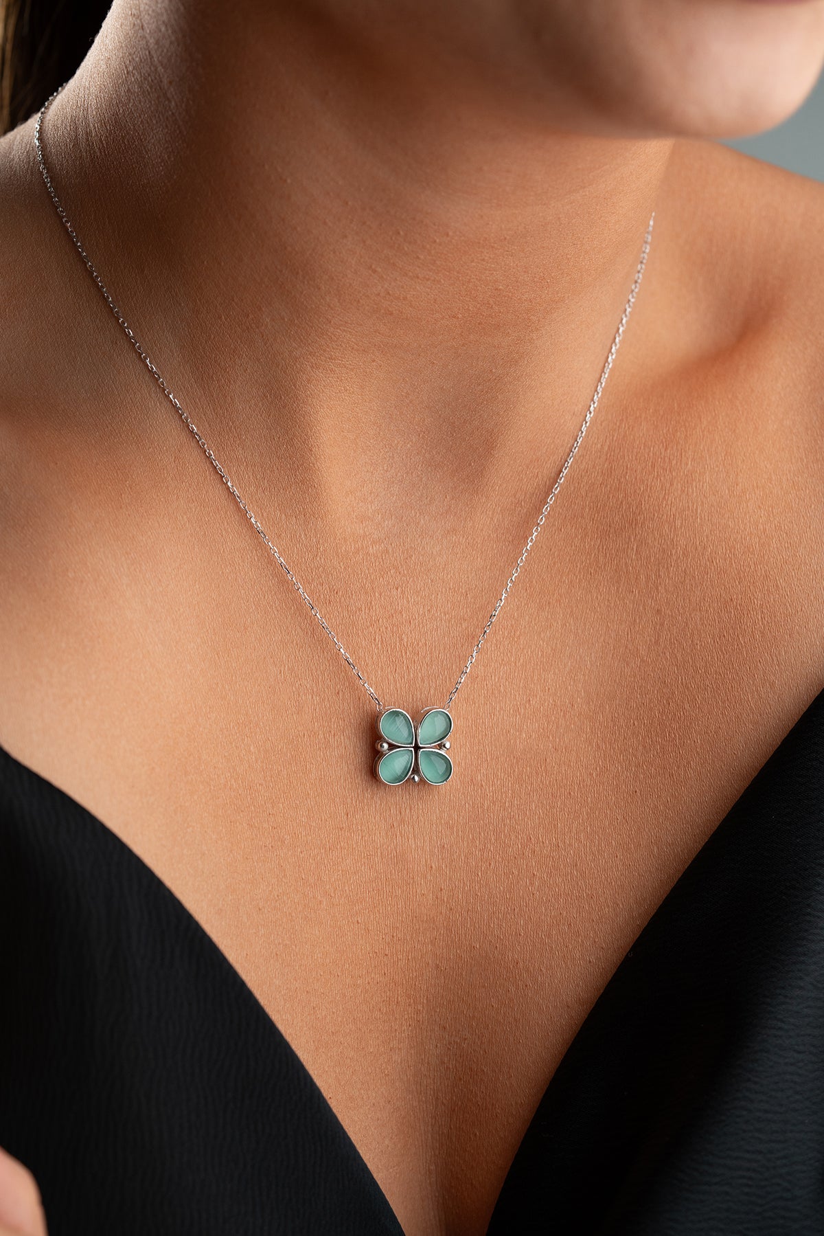 Klaver Ketting met Groene Steen | 925 Zilver