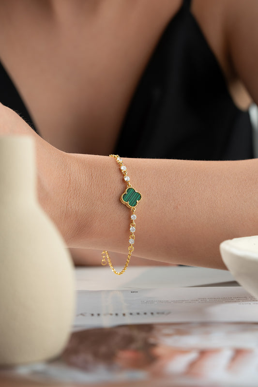 925 Zilveren Armband met Malachiet Klaver en Zirkonia