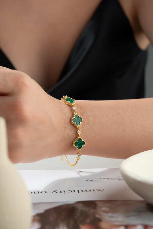 925 Zilveren Armband met Malachiet Klaver