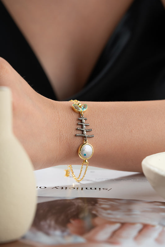 925 Zilveren Armband met Visgraat en Edelstenen