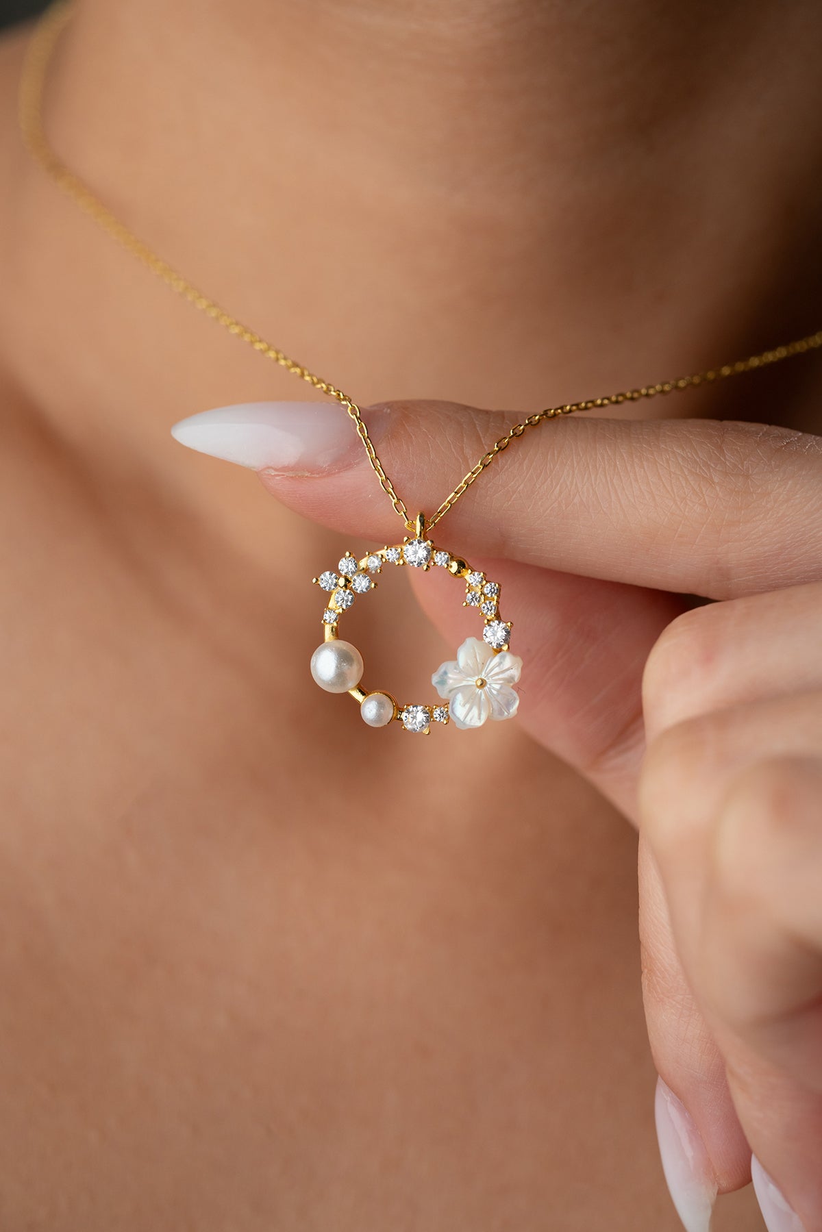 Ketting met Parel & Bloem - 925 Zilver Verguld