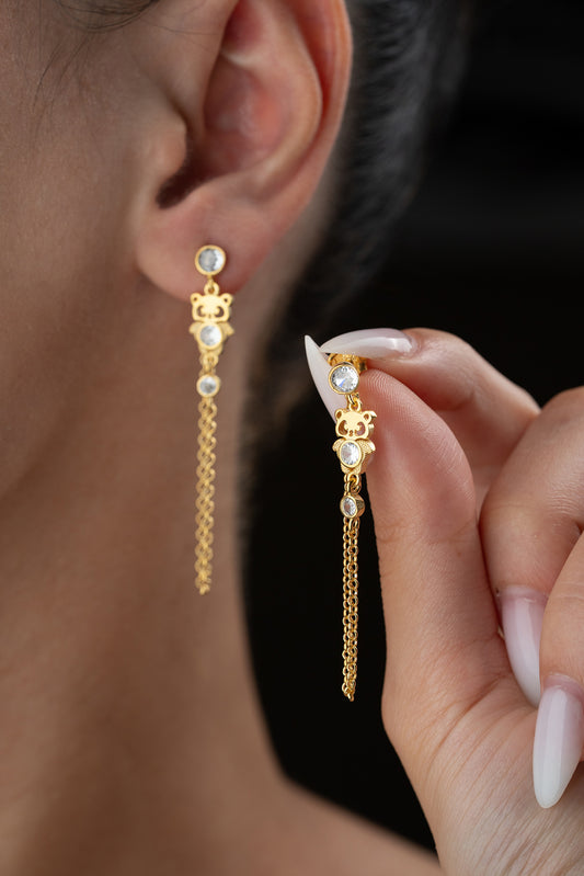 Hanging Panda Earrings with Chain - 925 Silver