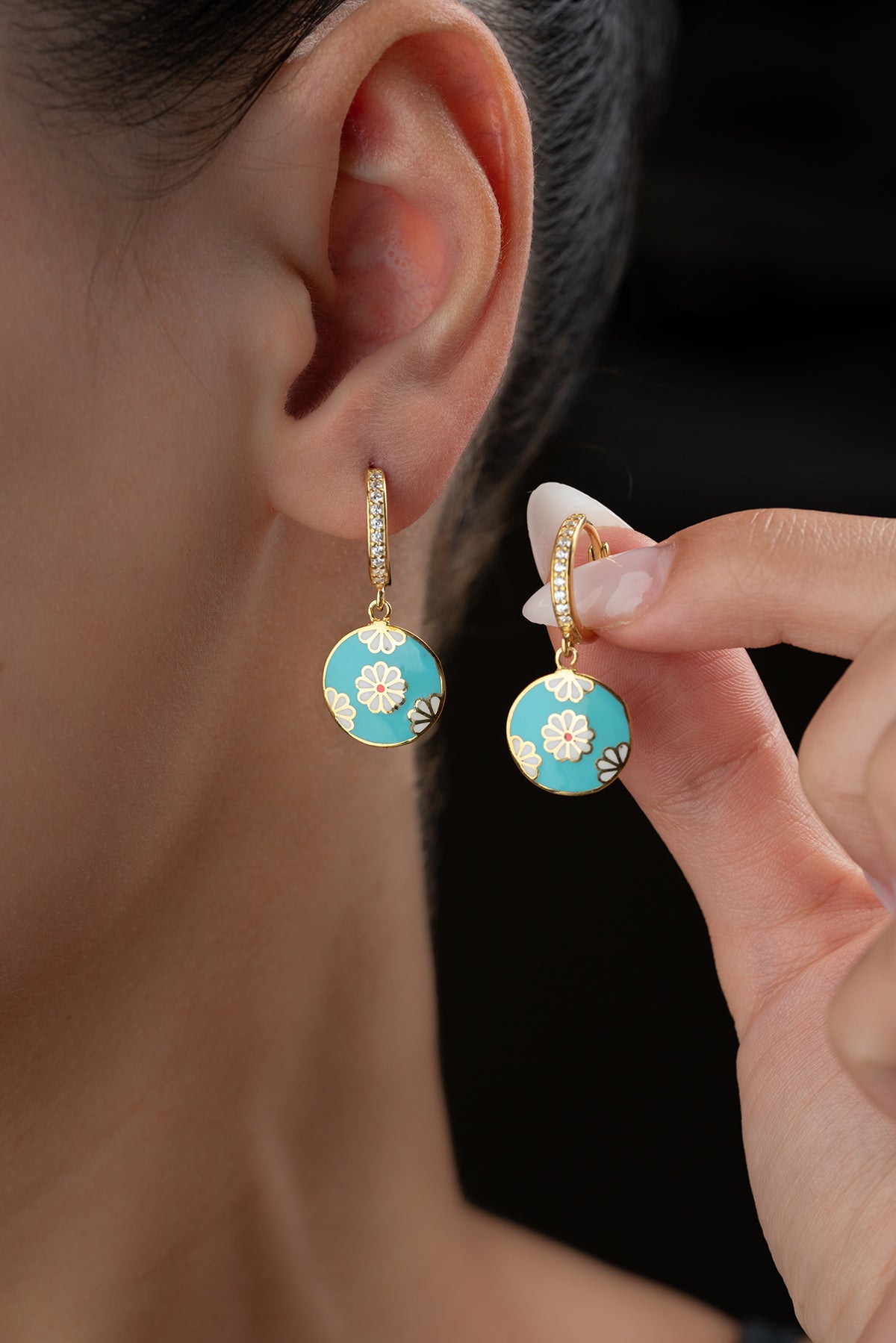 Enamel Flower Earrings - 925 Sterling Silver