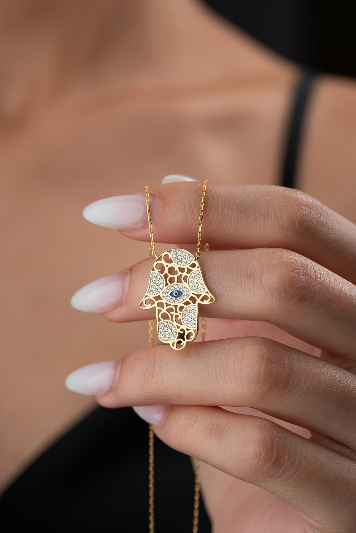 Hamsa Hand Ketting met Oog - 925 Zilver Verguld