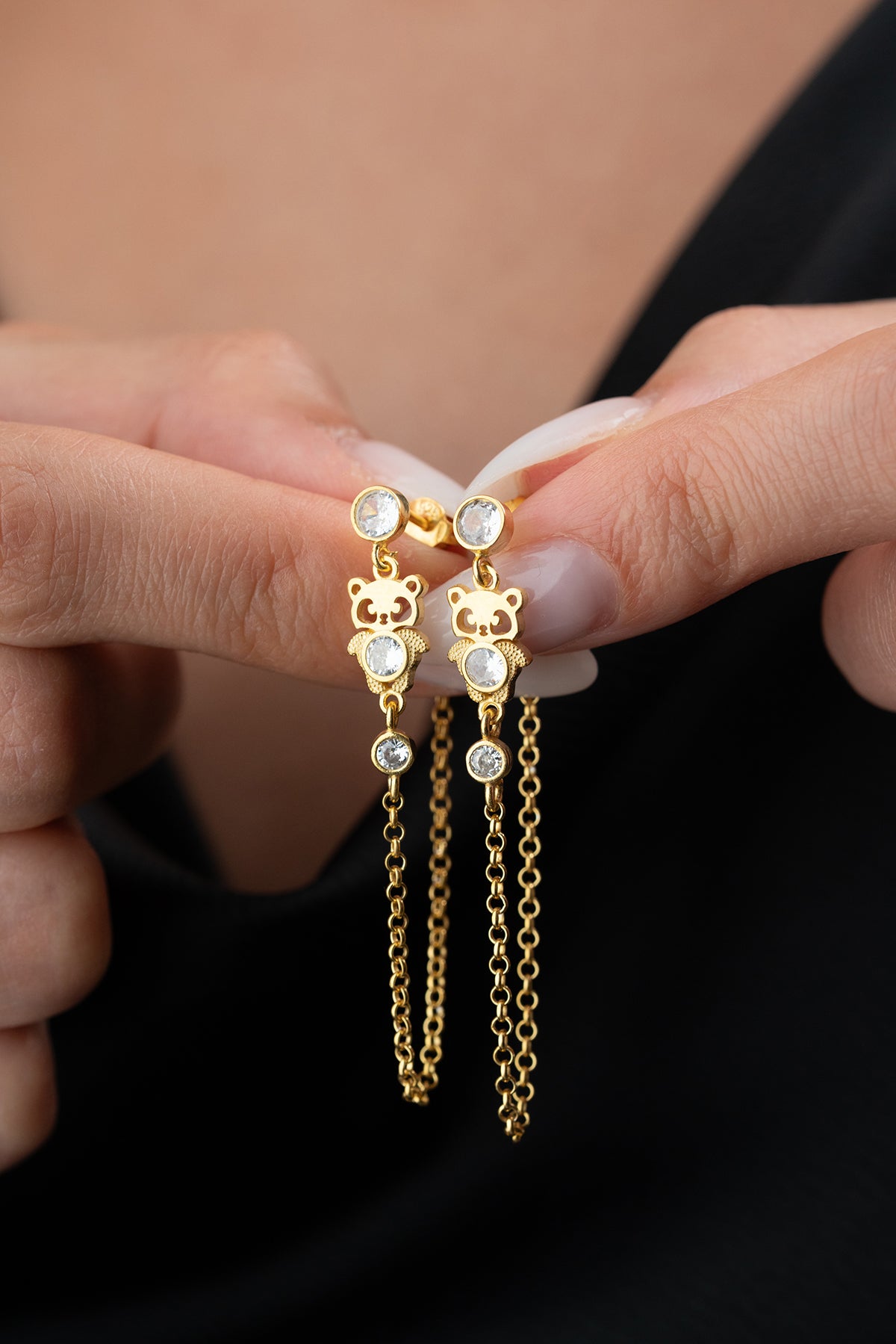 Hanging Panda Earrings with Chain - 925 Silver