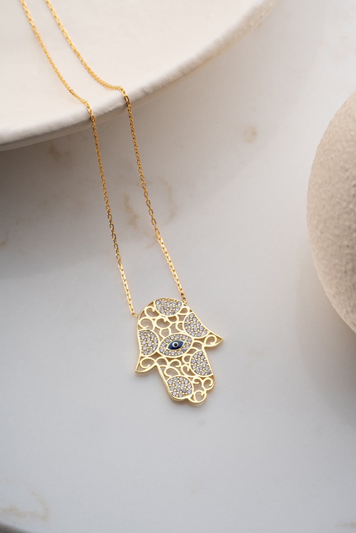 Hamsa Hand Ketting met Oog - 925 Zilver Verguld