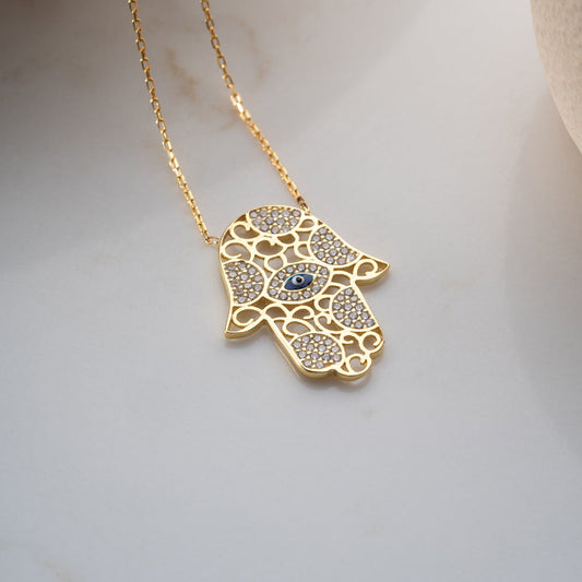 Hamsa Hand Ketting met Oog - 925 Zilver Verguld