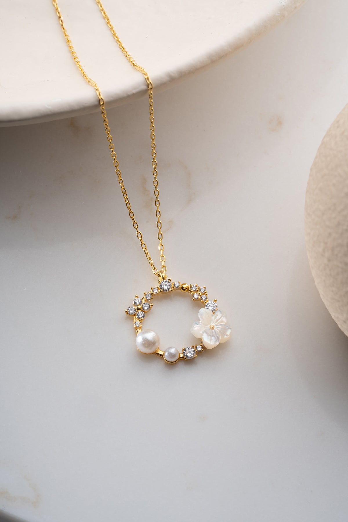 Ketting met Parel & Bloem - 925 Zilver Verguld