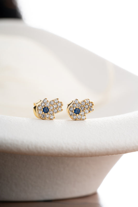 Hamsa Oorknopjes met Blauwe Steen – 925 Zilver