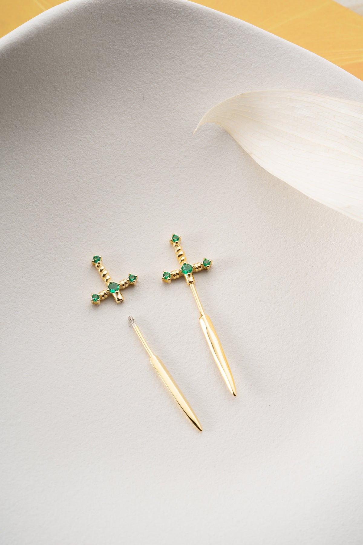 Green stone sword earring - minimalist design