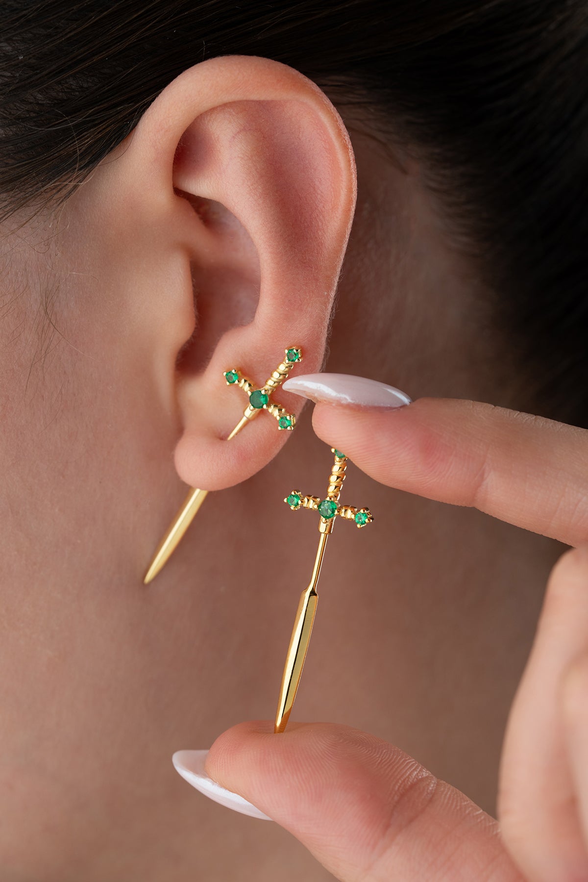 Green stone sword earring - minimalist design